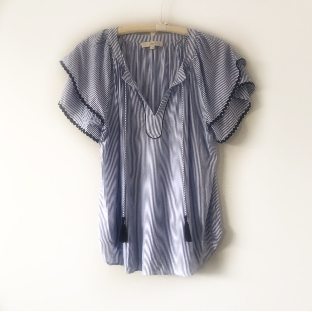 Striped Tassel Tie Flutter Sleeve Top - Light Blue - Picture 2 of 8